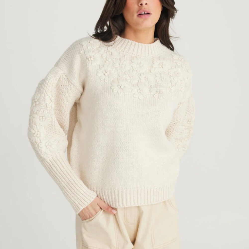 Roolee Elegant Cream Floral Knit Sweater
